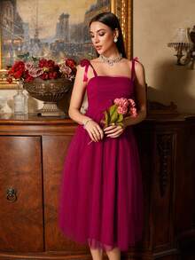 Women's Sexy Spaghetti Strap Mesh Dress For Cocktail Party - Burgundy - View 5