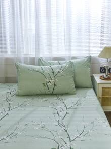3pcs/set Polyester Green Plum Blossom Branch Pattern Printed Duvet Cover Bedding Set - Green - View 5