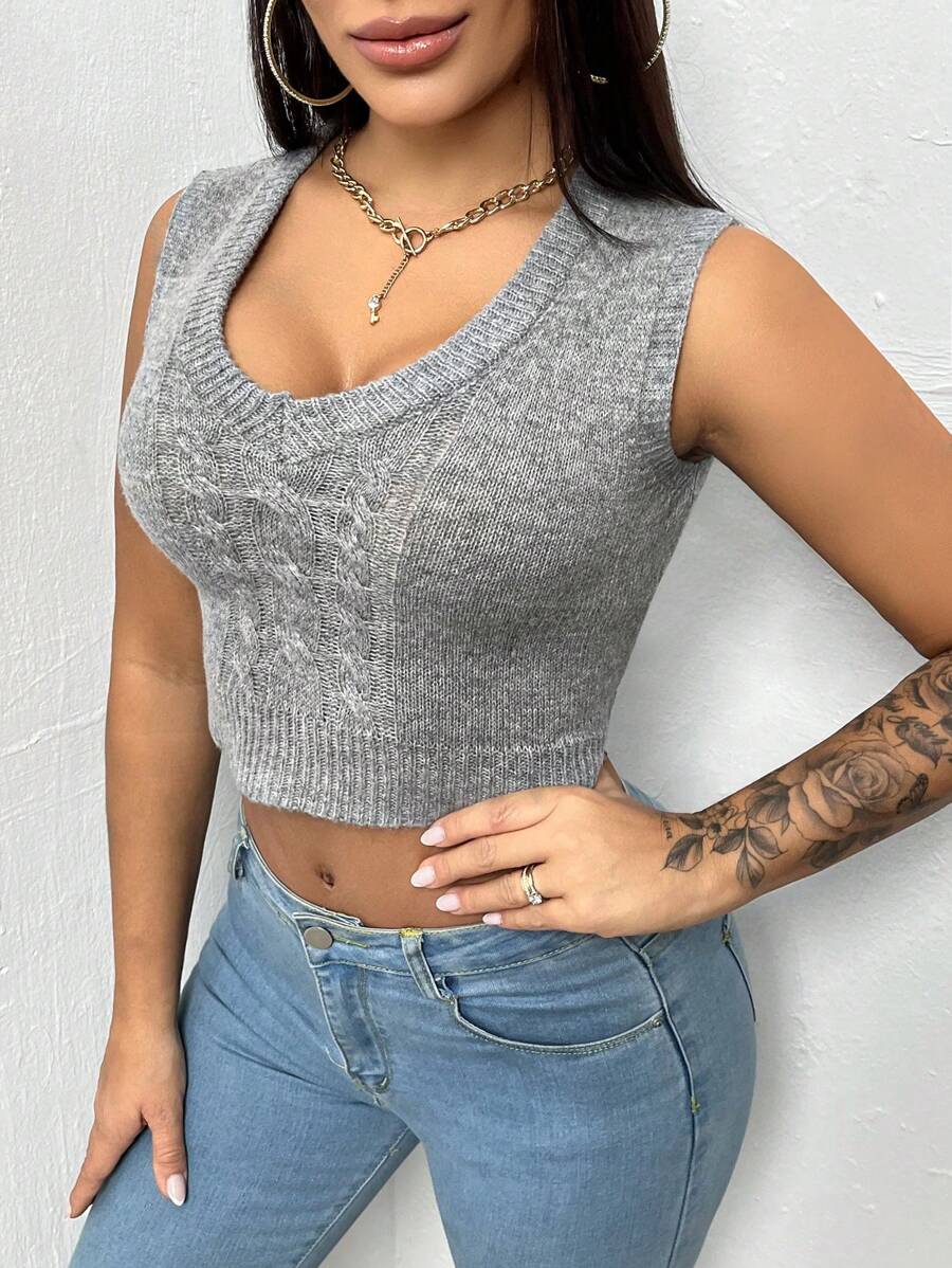 Zolique 女式v領毛線背心 - 灰色 - 查看 1