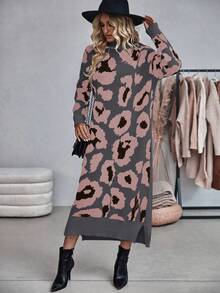 SHEIN LUNE 女士豹紋圖案毛衣連衣裙 - 彩色 - 查看 4