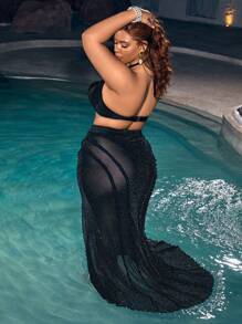 SHEIN Swim Chicsea 夏季加大码单件高开叉亮片网纱罩衫裙 - 黑色 - 查看 6