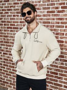 Manfinity Homme Men'S Plus Size Letter Embroidered Drawstring Sweatshirt - Apricot - View 4
