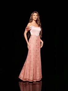 Off-Shoulder V-Neck Satin & Lace Fish-Tail Bridesmaid Gown Mermaid Dress - Coral Pink - View 3