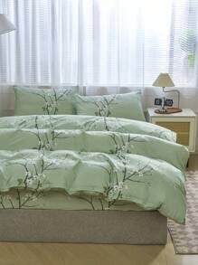 3pcs/set Polyester Green Plum Blossom Branch Pattern Printed Duvet Cover Bedding Set - Green - View 7