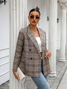 SHEIN Clasi Chaquetón De Manga Larga Con Patrón De Cuadros Y Cuello De Solapa - Caqui - Ver 3