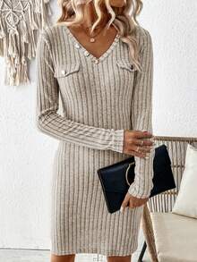 SHEIN LUNE 女式纯色 V 领罗纹紧身连衣裙 - 杏色 - 查看 4