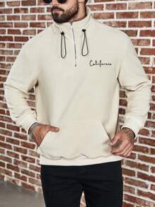 Manfinity Homme Men'S Plus Size Letter Embroidered Drawstring Sweatshirt - Apricot - View 3