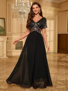 UNITHORSE Váy dạ hội trang trọng bằng vải chiffon đính sequin lấp lánh màu đen thanh lịch cho tiệc cưới, dự tiệc tốt nghiệp, tiệc tối - màu đen - Xem 5