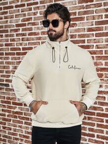 Manfinity Homme Men'S Plus Size Letter Embroidered Drawstring Sweatshirt - Apricot - View 1