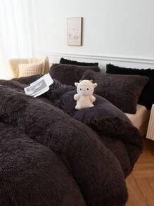 3pcs/set Brown Polyester Plush Duvet Cover Set - Brown - View 7