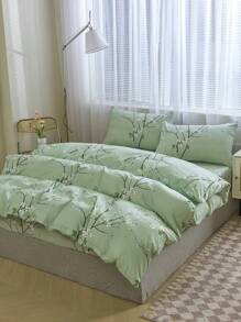 3pcs/set Polyester Green Plum Blossom Branch Pattern Printed Duvet Cover Bedding Set - Green - View 2
