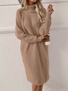 SHEIN LUNE 女款純色烏龜領拼接襖袖毛衣裙 - 摩卡棕 - 查看 6