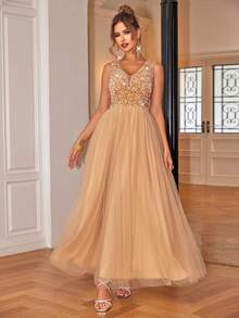 Joyfunear Women's Sequin Contrast Mesh Puff Dress - Gold - View 6