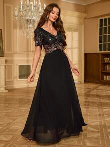 UNITHORSE Váy dạ hội trang trọng bằng vải chiffon đính sequin lấp lánh màu đen thanh lịch cho tiệc cưới, dự tiệc tốt nghiệp, tiệc tối - màu đen - Xem 6