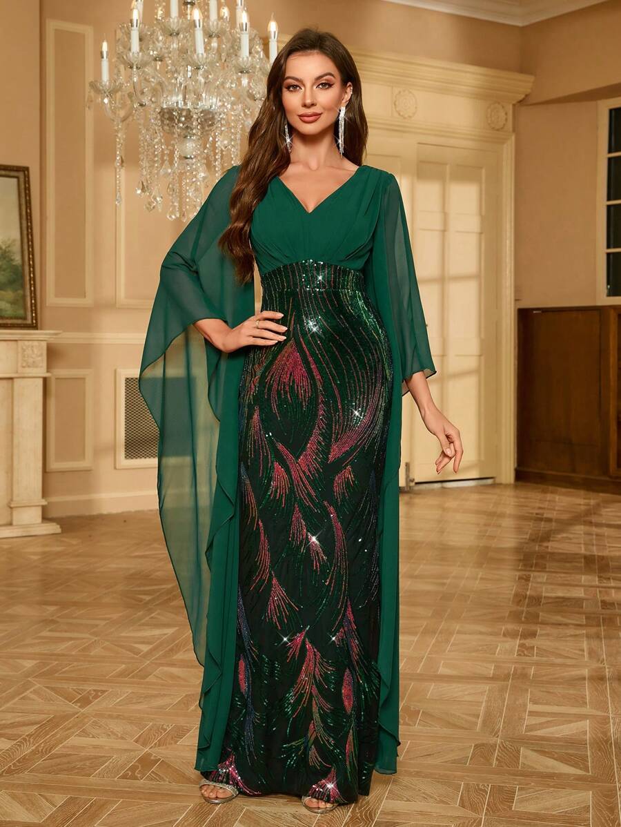 Đầm dự tiệc chiffon chắp vá sequin tay chuông dài cho nữ - Màu xanh lá cây đậm - Xem 1