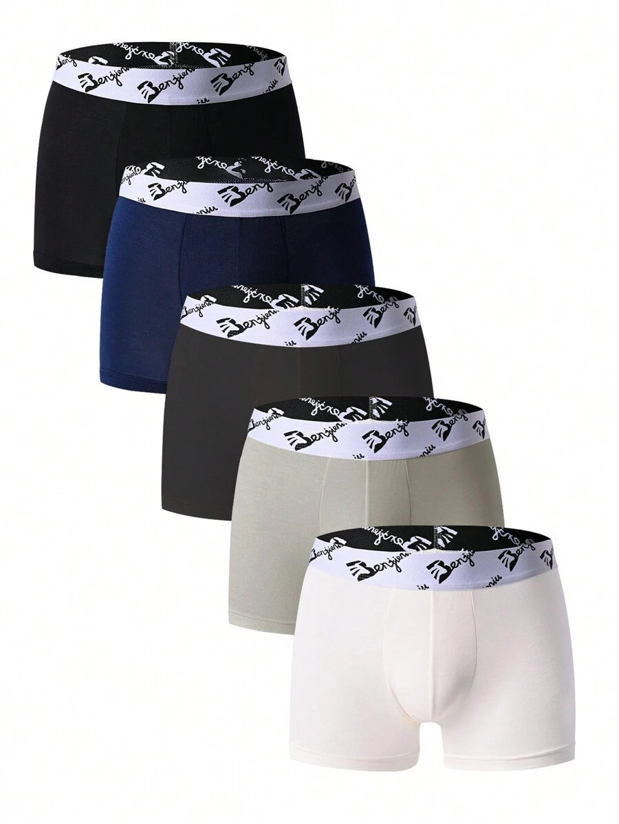 Men's Letter Patterned Stretch Band Boxer Briefs , 5 Pcs - Multicolor - View 1