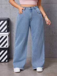 SHEIN EZwear Plus Size Ladies' Straight-Cut Jeans - Light Wash - View 1