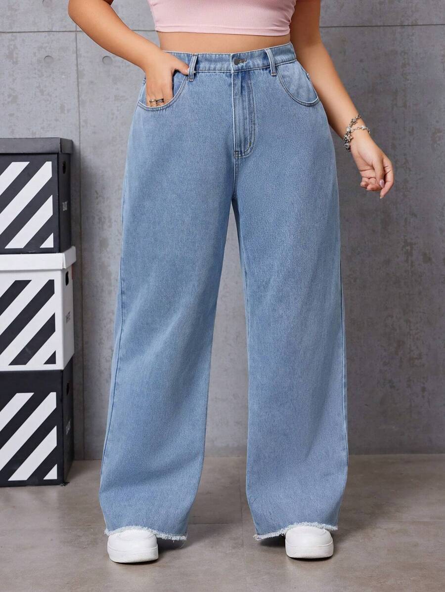 SHEIN EZwear Plus Size Ladies' Straight-Cut Jeans - Light Wash - View 1