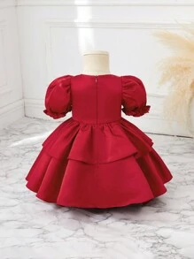 SHEIN Bebis Flicka Elegant Röd Satin Kort Ärm Klänningar - Röd - Visa 8