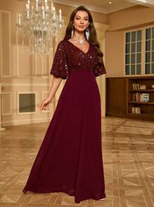 Glitter Sequin Patchwork Chiffon Evening Dress Party Dress Wedding Guest Dress Formal Dress - Burgundy - View 4
