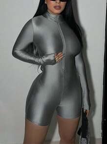 Fashionable Zip-Up Stand Collar Long Sleeve Romper Unitard, Spring/Summer - Grey - View 1