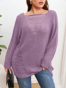 SHEIN LUNE Plus Ripped Sweater - Purple - View 3