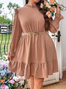 SHEIN Franclia 大尺碼女士荷葉邊打擺連衣裙 - 卡其色 - 查看 1