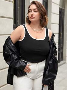 SHEIN Essnce Women'S Plus Size Binding Edges Ribbed Tank Top - Black and White - View 4