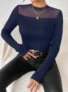 SHEIN Privé 女士保暖内衬网眼拼接 T 恤 - 藏蓝色 - 查看 4