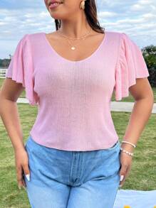 SHEIN MOOSTA 女式大尺碼時尚設計荷葉袖v領針織上衣 - 粉色 - 查看 7