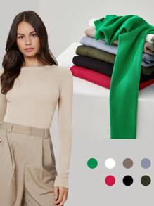 BizChic 女士纯色弹力修身长袖毛衣，浪漫优雅日常时尚商务休闲通勤款，适合办公室、教师、秋冬季商务休闲穿着。 - 卡其色 - 查看 3