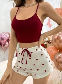 SHEIN 羅紋針織短版吊帶上衣和短褲睡衣套裝 - 酒紅色 - 查看 4