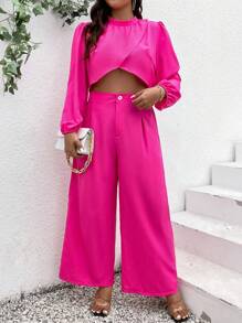 SHEIN Clasi Của phụ nữ Kích thước lớn Màu thuần Đứng cổ áo Tay áo lồng đèn Áo Và Quần ống rộng Bộ - Màu Hồng Tươi - Xem 2