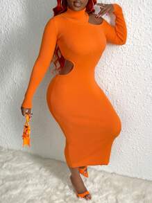 Slaydiva Vestido De Punto Con Cuello Alto Y Tejido Hueco De Un Solo Color - Naranja - Ver 4