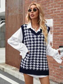 SHEIN LUNE Họa tiết Nanh sói Knit ngọn - Màu xanh lam - Xem 5