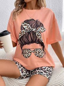 SHEIN LUNE Women's Leopard Print Round Neck T-Shirt And Shorts Set - Pink - View 1