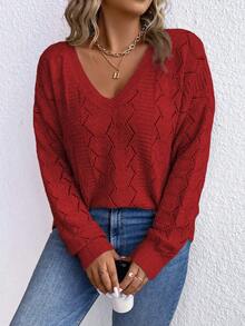 SHEIN LUNE 女款大尺寸 V 領落肩毛衣 - 紅色 - 查看 6