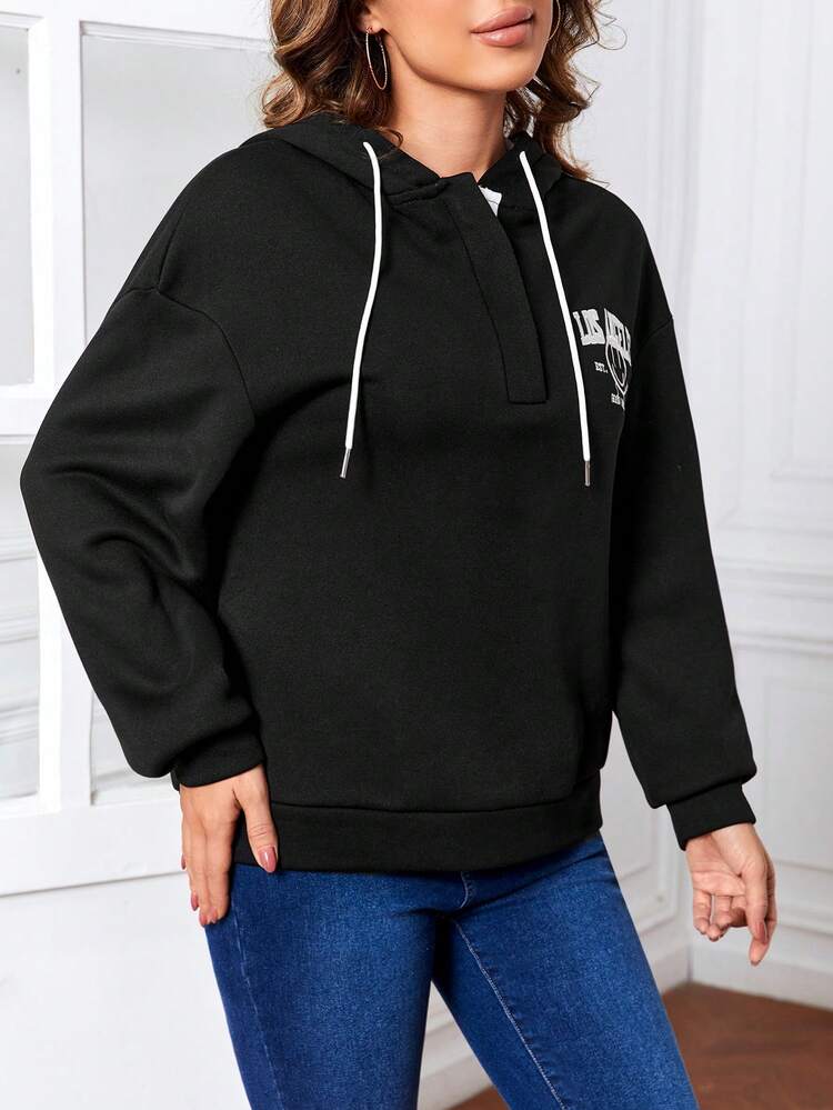 Hoodie With Letter And Face Print And Drawstring