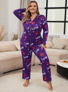大尺碼女 V 領長袖睡衣,帶有字母和心形印花 - 紫羅蘭色 - 查看 3