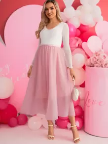 SHEIN Maternity High Waist Mesh Overlay Skirt - Pink - View 3