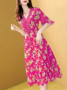 SHEIN LUNE Random Printed Women's Dress - Hot Pink - View 1