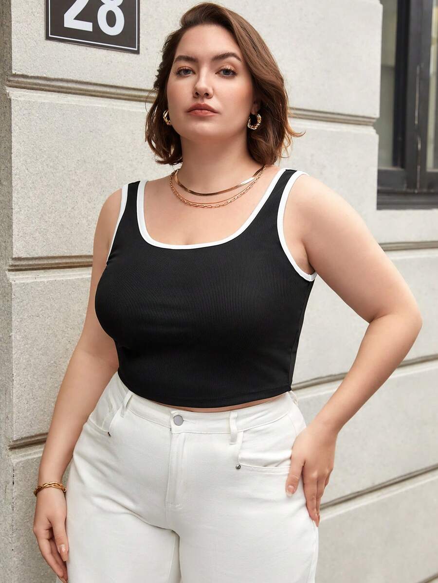 SHEIN Essnce Women'S Plus Size Binding Edges Ribbed Tank Top - Black and White - View 1