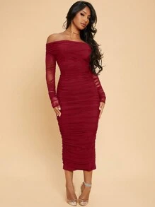 SHEIN SXY 女用褶皺設計露肩長袖修身連身裙 - 酒紅色 - 查看 5