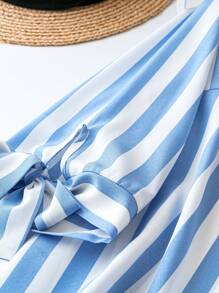SHEIN Women'S Plus Size Knotted Cuff Striped Shirt Fall - Blue and White - View 3