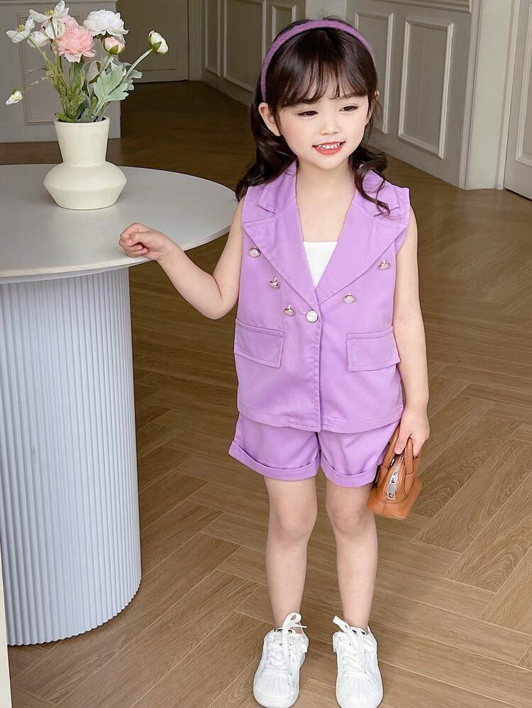 Little Girls' Sleeveless Suit Jacket + Camisole + Shorts 3pcs Outfits