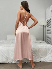 無背側深v緞面睡衣背心和鉤花蕾絲長袖浴袍睡衣套裝 - 淺粉色 - 查看 2