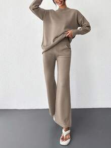 Cloudara 2pcs/set Women's Solid Color Round Neck Drop Shoulder Sweater And Knitted Straight Pants - Krem - View 3