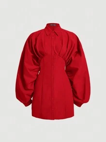 SHEIN MOD Women's Lantern Sleeve Pleated Shirt Dress - Burgundy - View 1