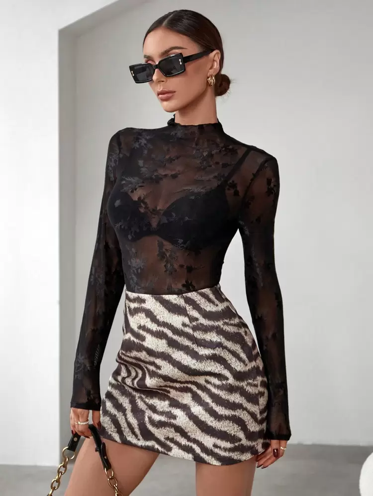 Women's Stand Collar Sheer Lace Top