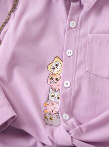 SHEIN Girls' Comfortable And Casual Long Sleeve Shirt With Lovely Cat Print - Lilac Purple - View 3